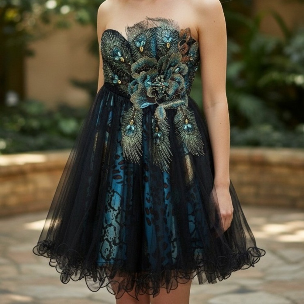 Star Box Peacock Embroidered Mini Dress Womens XS Teal Black Tulle Corset Back